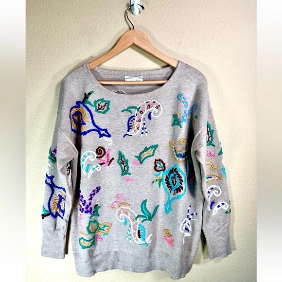 Anthropologie Embroidered Pullover Sweater in Neutral Motif - Picture 5 of 12
